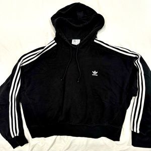 adidas Original 3-stripe Essentials Adicolor Trefoil Logo Hoodie Black semi crop